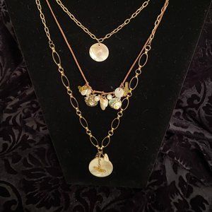 3 Strand Gold Tone & Leather Charm Necklace *New